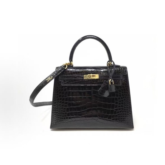 HERMES Kelly 25 Gold buckle Kelly Bag single-shoulder handbag 25 Women\'s style 89 Noir Black